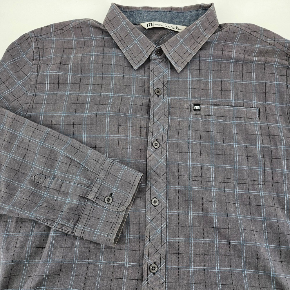 Travis Mathew Mens XL Grey Blue Windowpane Plaid Long Sleeve Button Down Shirt